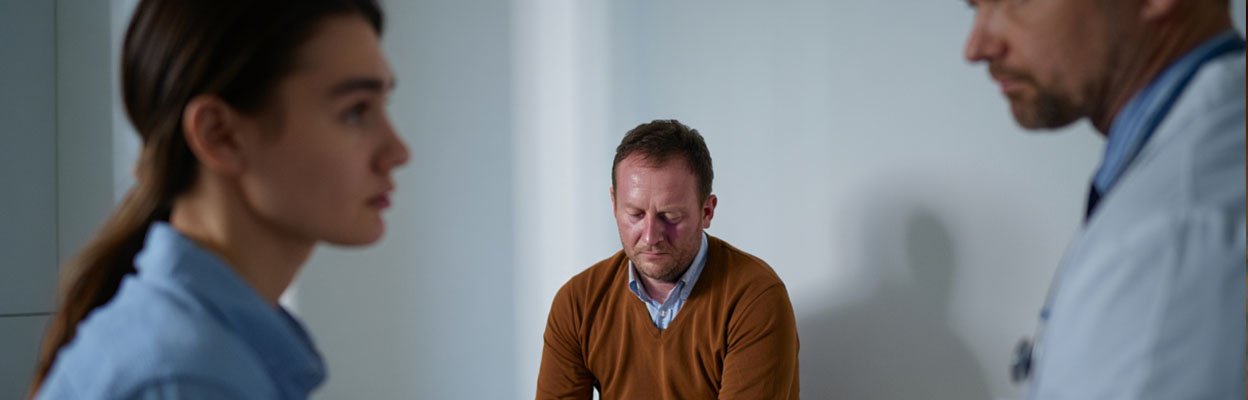 Женщина и врач обсуждают кодирование мужчины